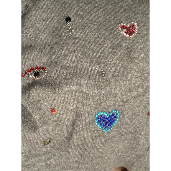 Halogen Cashmere Size 2X Rhinestone Beaded Sequin Stone Gray Sweater Hearts Eye - Picture 2 of 10